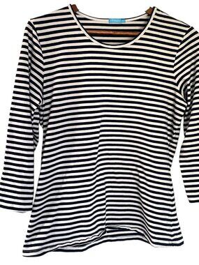 J McLaughlin T Shirt Large L Navy Blue White Striped Nautical Scoop Neck Top